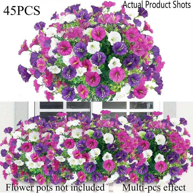 45 PCS of Artificial Petunias for Outdoor Use, Resistant to Wind And Rain, Purple, Plastic Hanging Decorations, Decorative Fake Flowers, For Balcony And Terrace Flower Boxes, Wedding And Event Arrangements, Fake Floral Decor