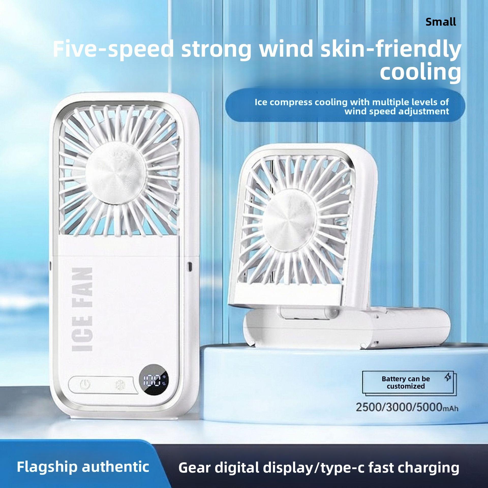 tylish and versatile personal fan with digital display, foldable design, and dual-use for neck hanging or handheld. Built with ice compress cooling technology, USB rechargeable, ultra-portable for outdoor, travel, office and daily use. Low noise, strong w