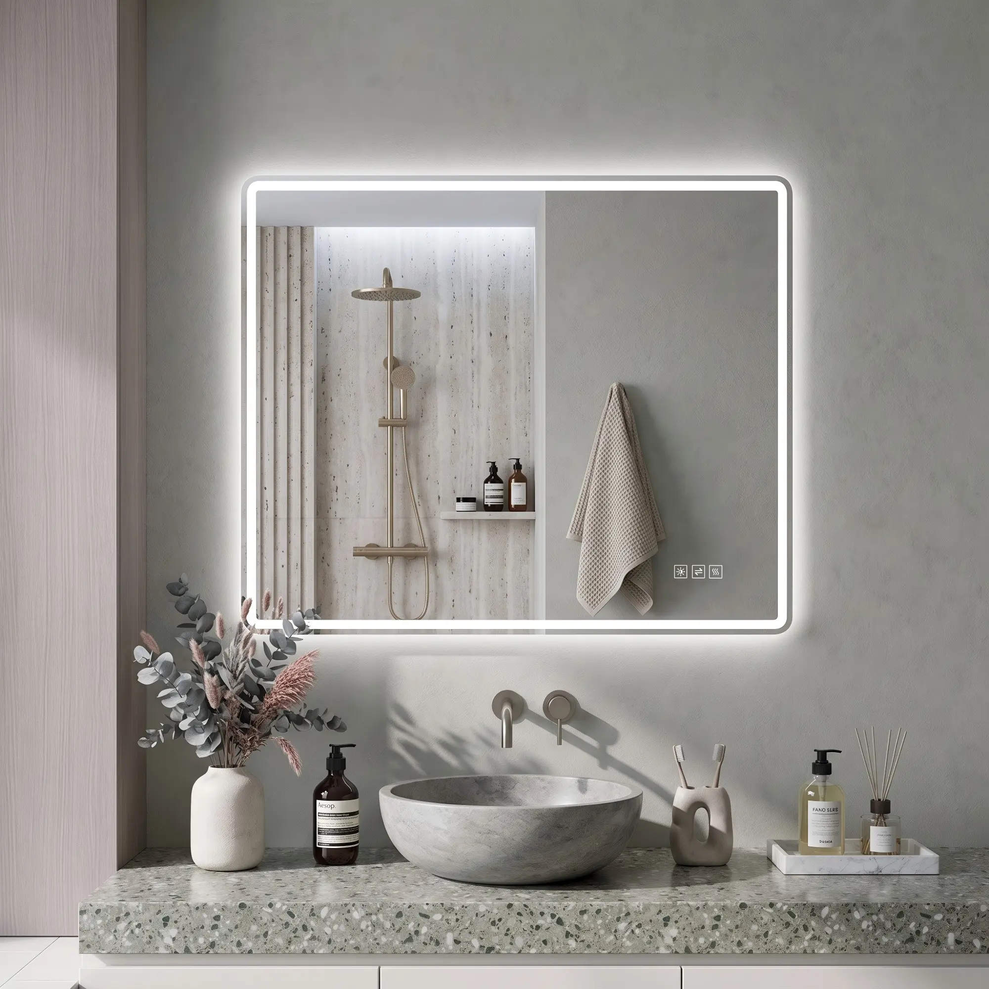 Nokaa 24x32 Inch LED Bathroom Mirror Front-Lighted Backlit Anti-Fog Dimmable 3 Color Temperatures Wall-Mounted Vanity Mirror for Bathroom Makeup Shaving Modern Glass Rectangular Clear