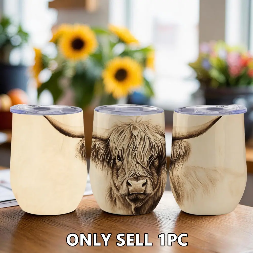 1pc 12oz/360ml Highland Cow Double Wall Stainless Steel Vacuum Coffee Tumbler, Eggshell Shaped Insulated Mug with Lid, Heat & Cold Retention for Coffee & Tea, Perfect Holiday Cup for Home & Office