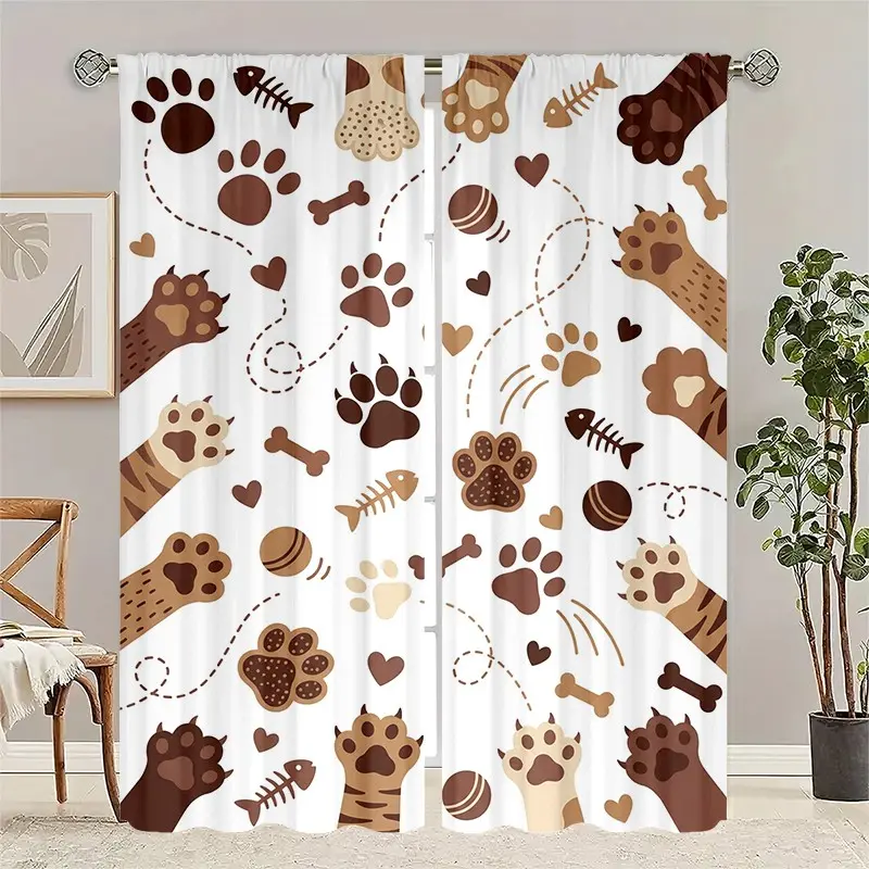 Cute Cat Paw Print Window Curtains 2 Panels, Brown Kitten Claw Fish Bone Toy Heart Pattern Privacy Window Drapes, Pet Lover Themed Window Treatment for Kids Bedroom Pet Room Living Room Home Decor