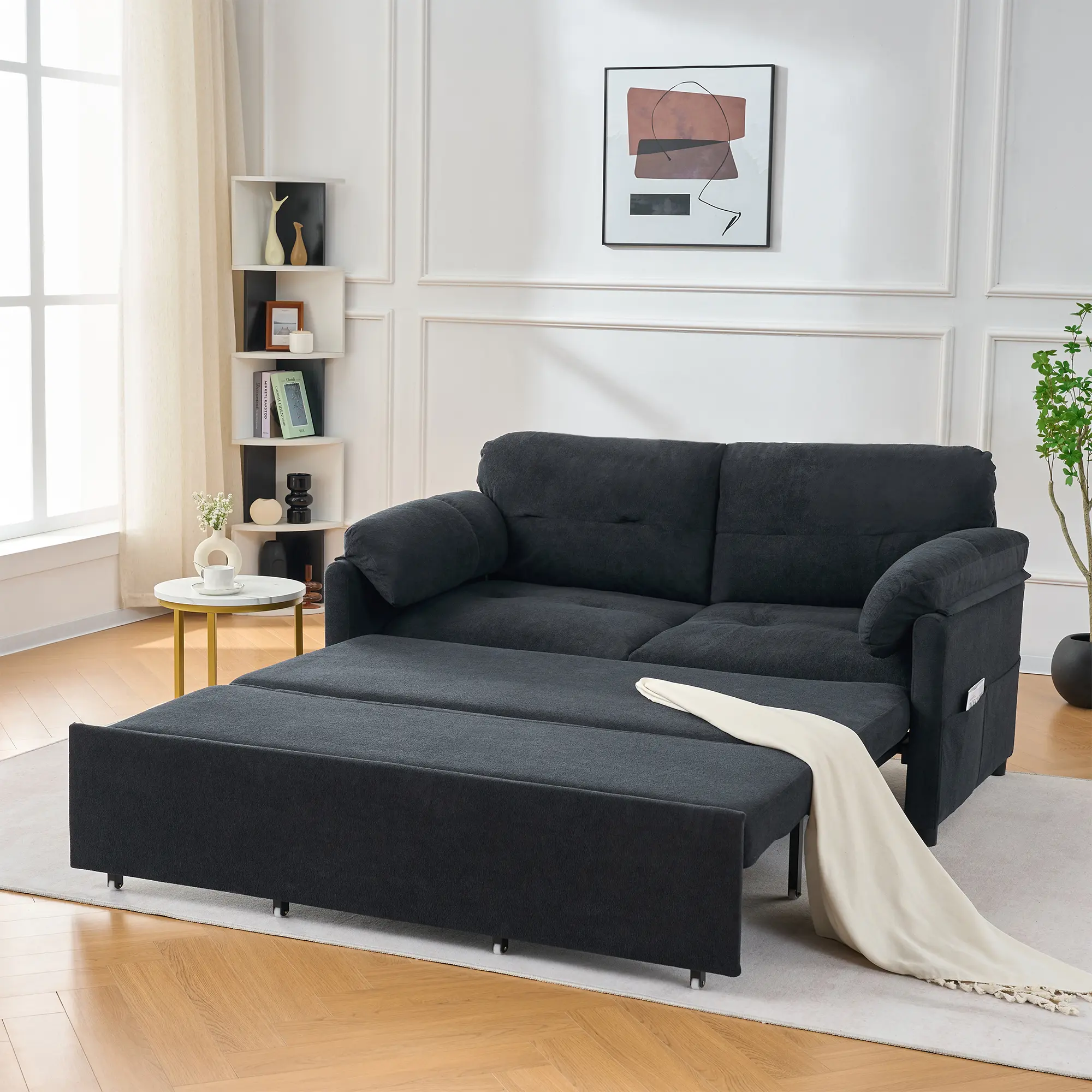 ARCH Convertible Pull Out Sofa Bed Queen Size 3-in-1 Sleeper Couch with Thick Cushions Side Storage Chenille Loveseat for Living Room Bedroom Apartment Office Black, Living Room Furniture for Apartment, Lounge, Family Room, Office and Home Seating