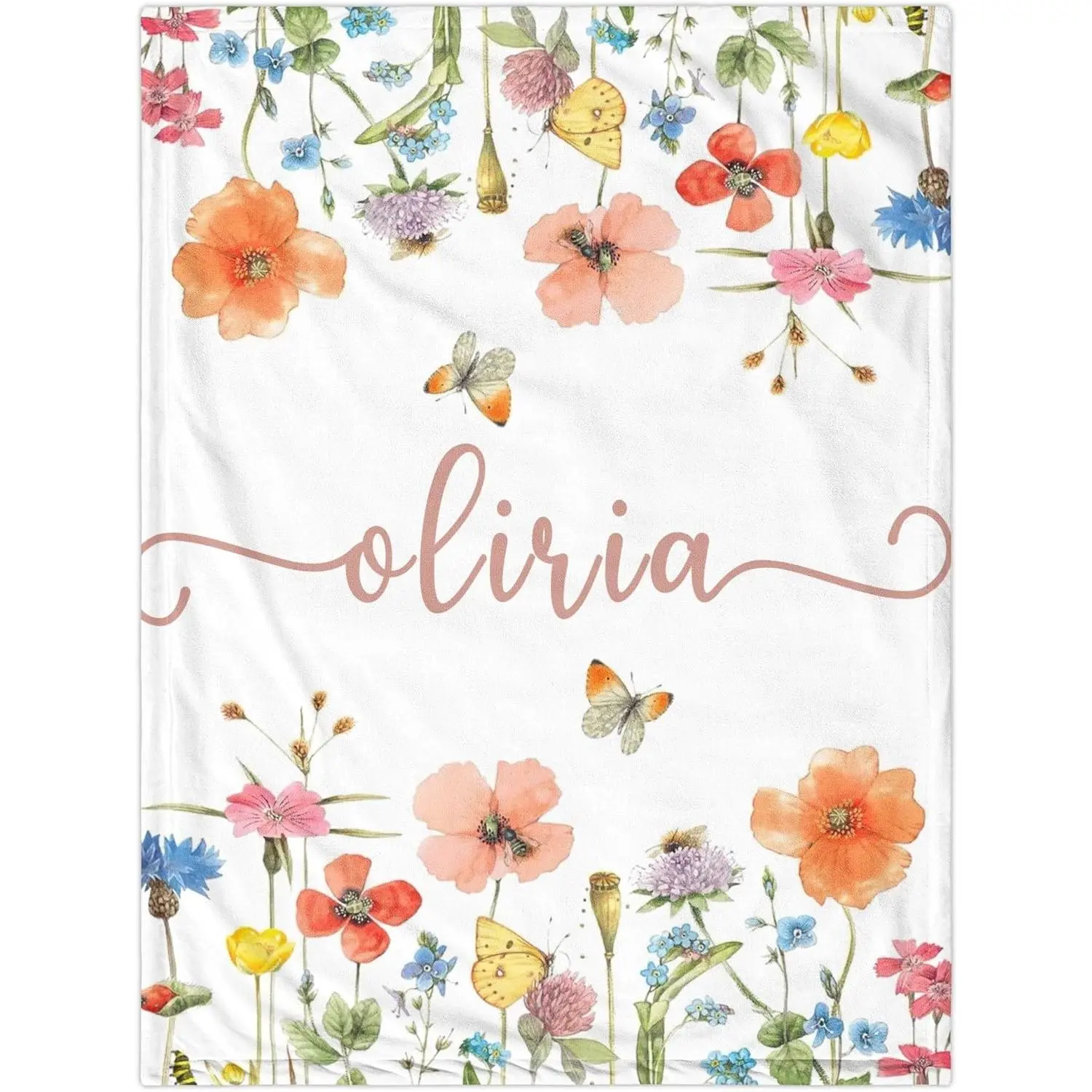 Customized Name Flannel Blanket - Watercolor Floral Butterfly Design, Wrinkle Resistant Durable Soft Cozy, Newborn Infants Girl Gift for Christening, 1st Birthday, Nursery Room Decor