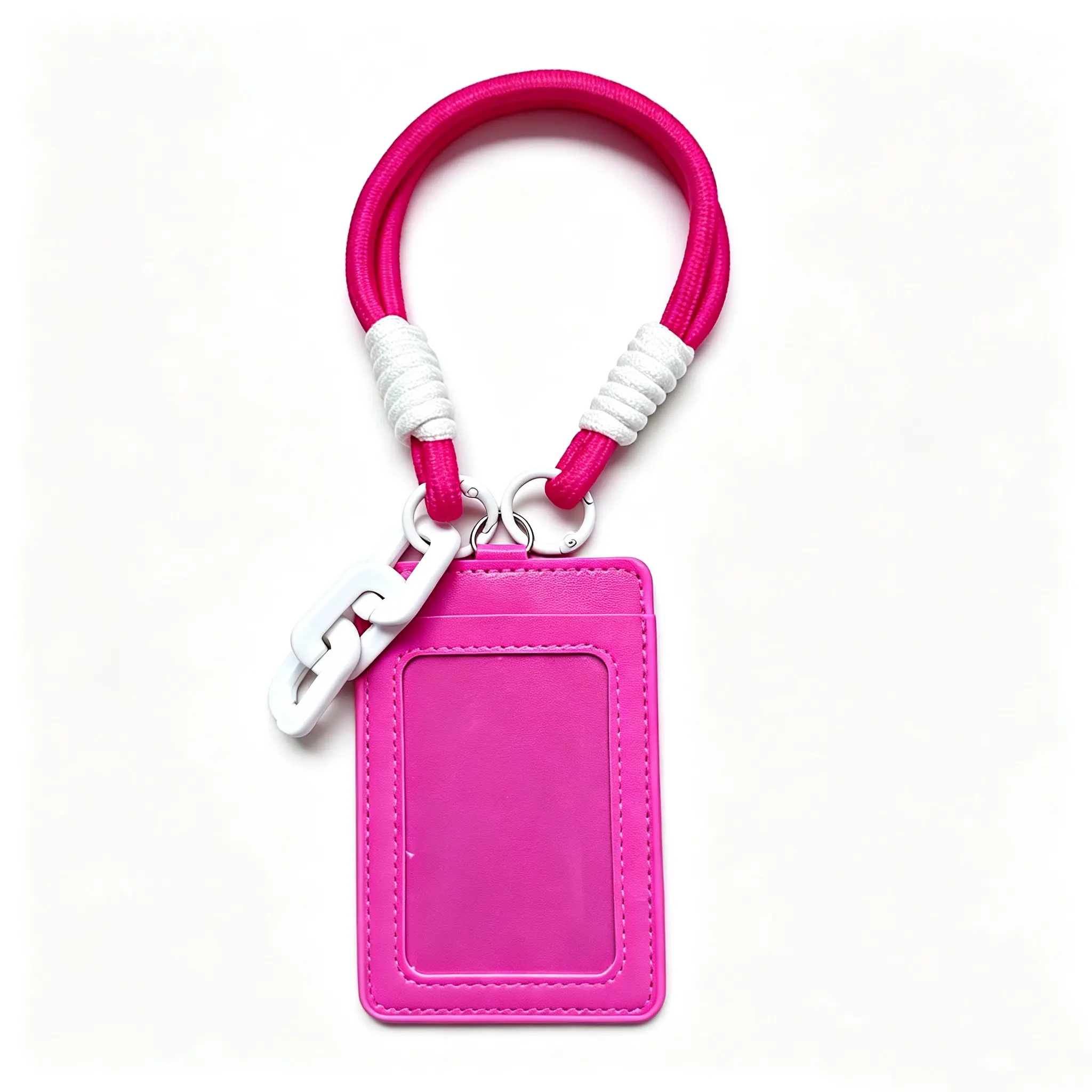 1PC Aesthetic Double Pocket PU ID Card Holder With Wrist Braided Nylon Lanyard & Chain Decor, Cute Bus IC Card Badge Case For Student Work, 3 Colors Hot Pink Yellow Blue Optional