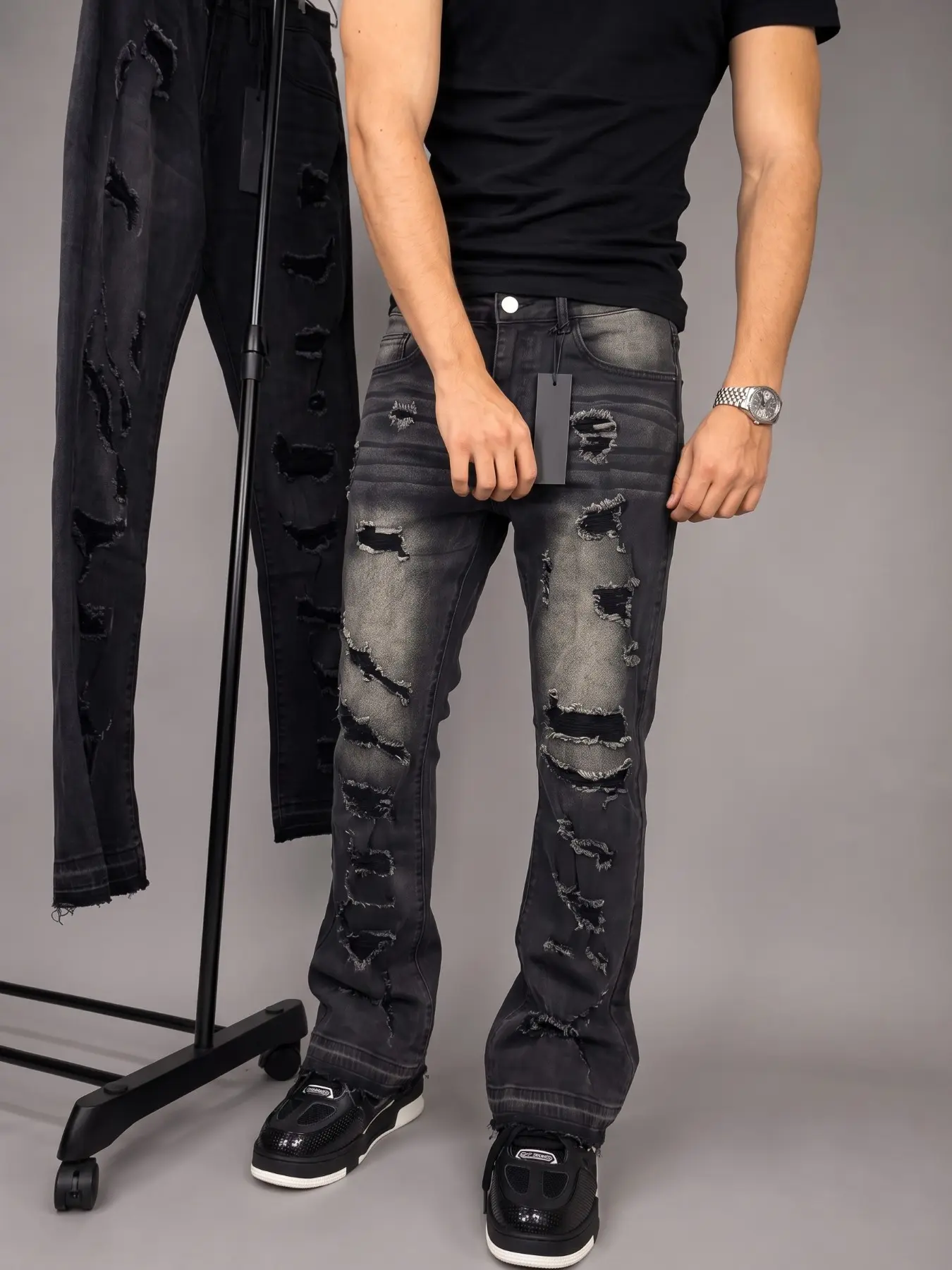 High Street Style Heavy Distressed Ripped Jeans, Men's Washed Micro Bell Bottoms, Casual Street Fashion Long Pants