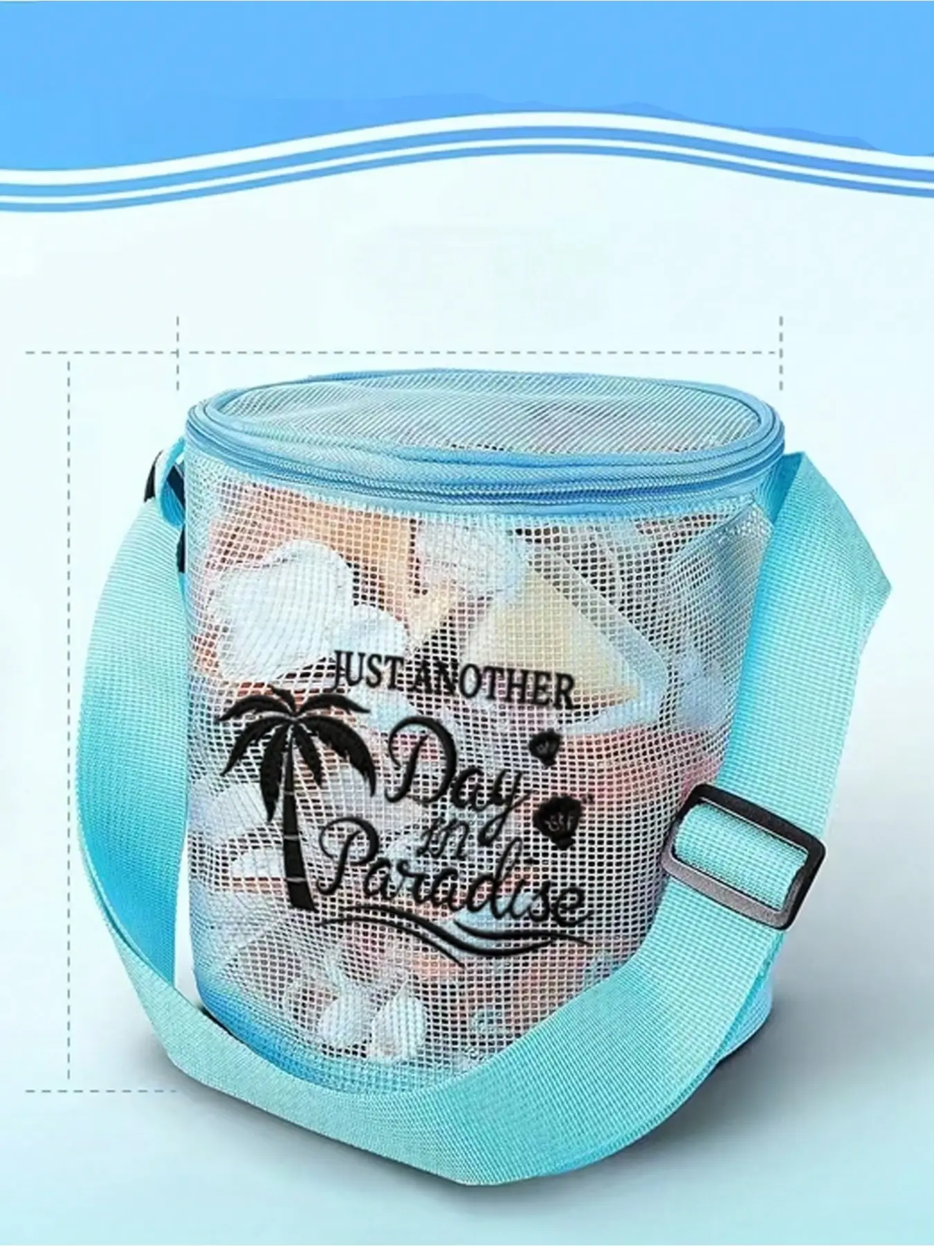 Embroidered Mesh Beach Bucket Bag, Ocean Theme Design, Compact Shell Storage Pouch, Portable Round Mesh Basket, Lightweight Beach Bag