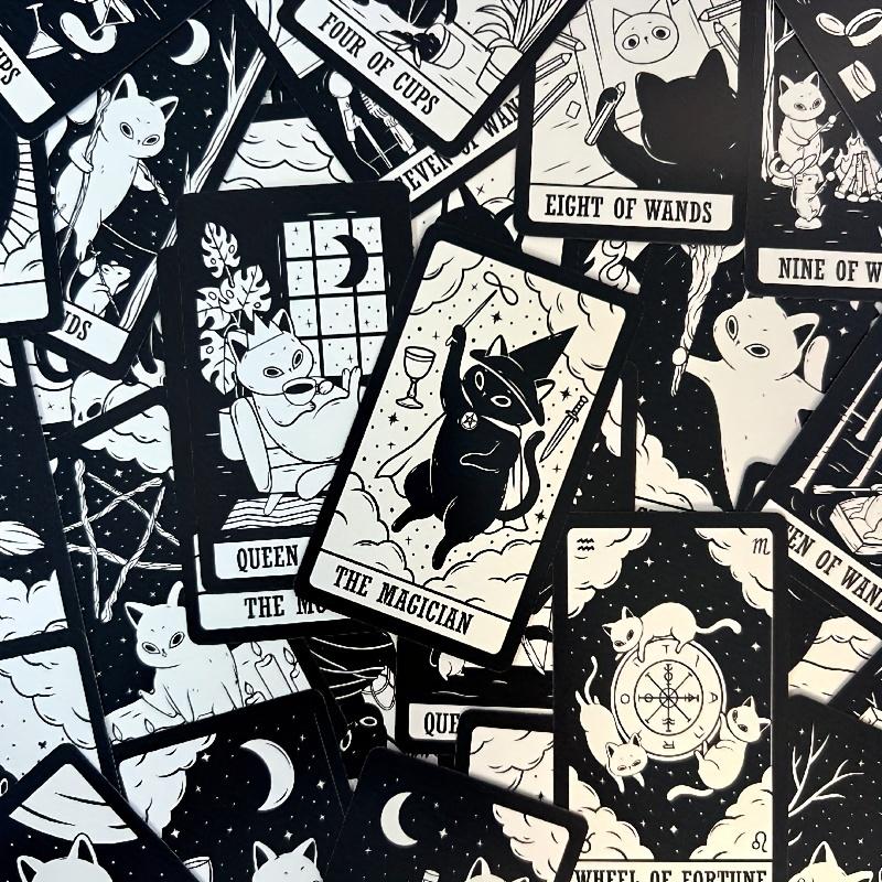 Charming Cat Tarot Cards Game - Ideal Gift for Cat Enthusiasts, Family Fun Night, Christmas & Halloween Entertainment, Black and White Illustrated Deck with Detailed Cat Designs