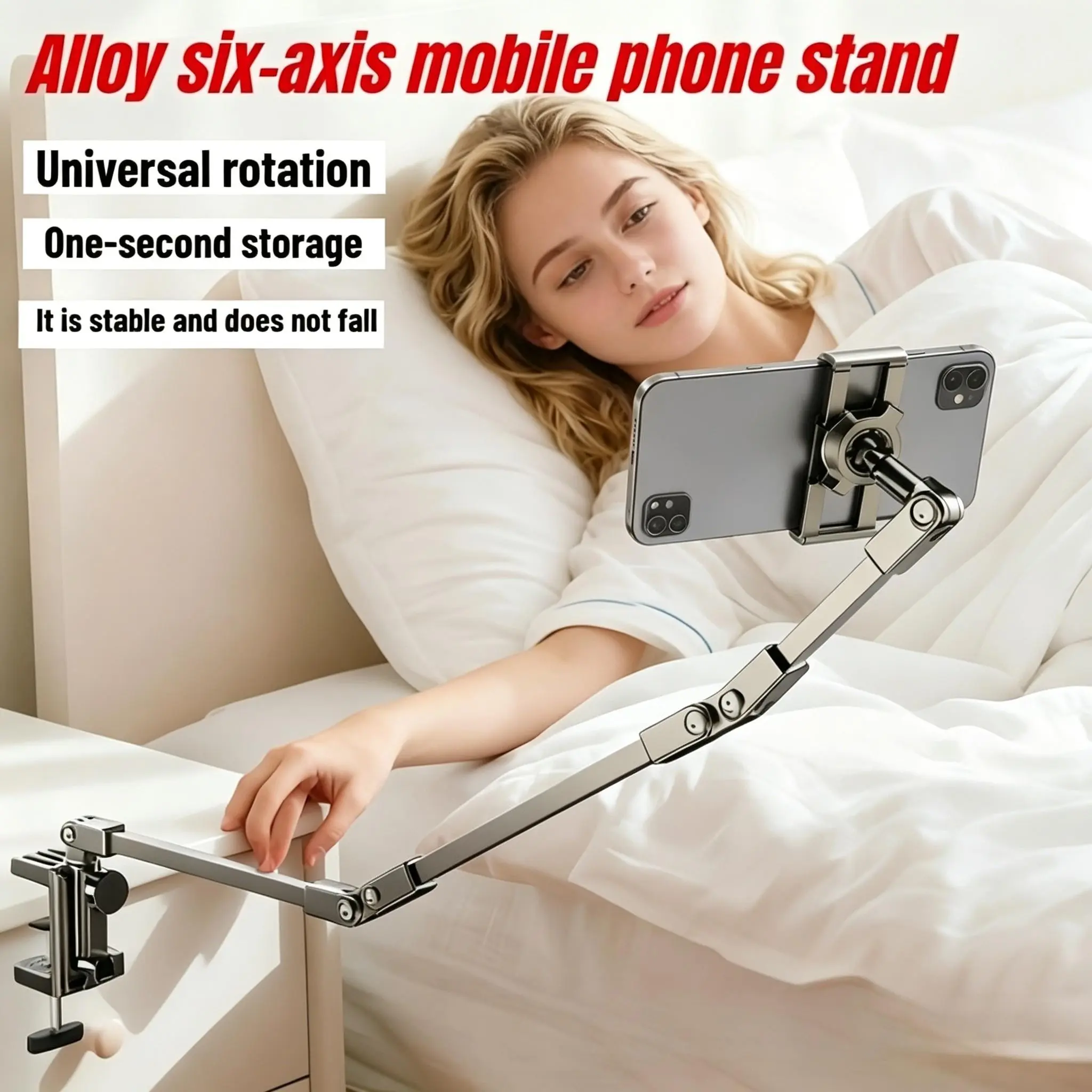 360 Degree Rotatable Phone Stand, Bed Headphone Holder, Multi-Device Compatible, Metal Bracket for Dormitory, Lazy Person's Desk Mount