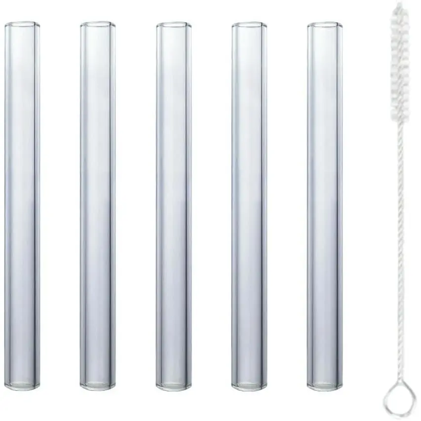 Borosilicate Glass Tube Drinkware Gear, 5-Piece Box Set with Cleaning Brush, 4.72in Length, 12mm OD, 2mm Thickness