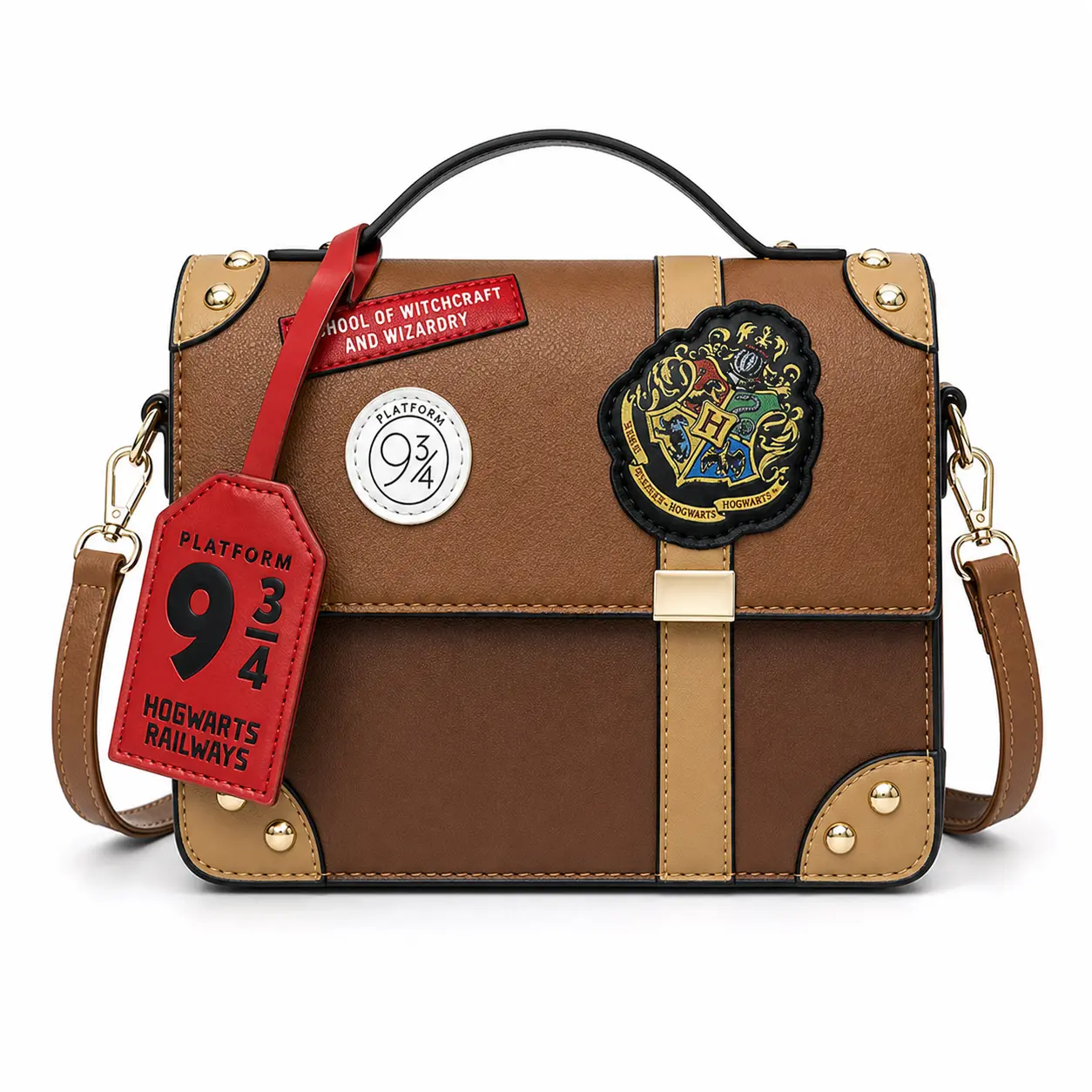 Harry Potter Hogwarts Women's Crossbody Bag, Brown Platform 9 3/4 Vintage Satchel Purse with Top Handle, Adjustable Strap, Gold-Tone Hardware