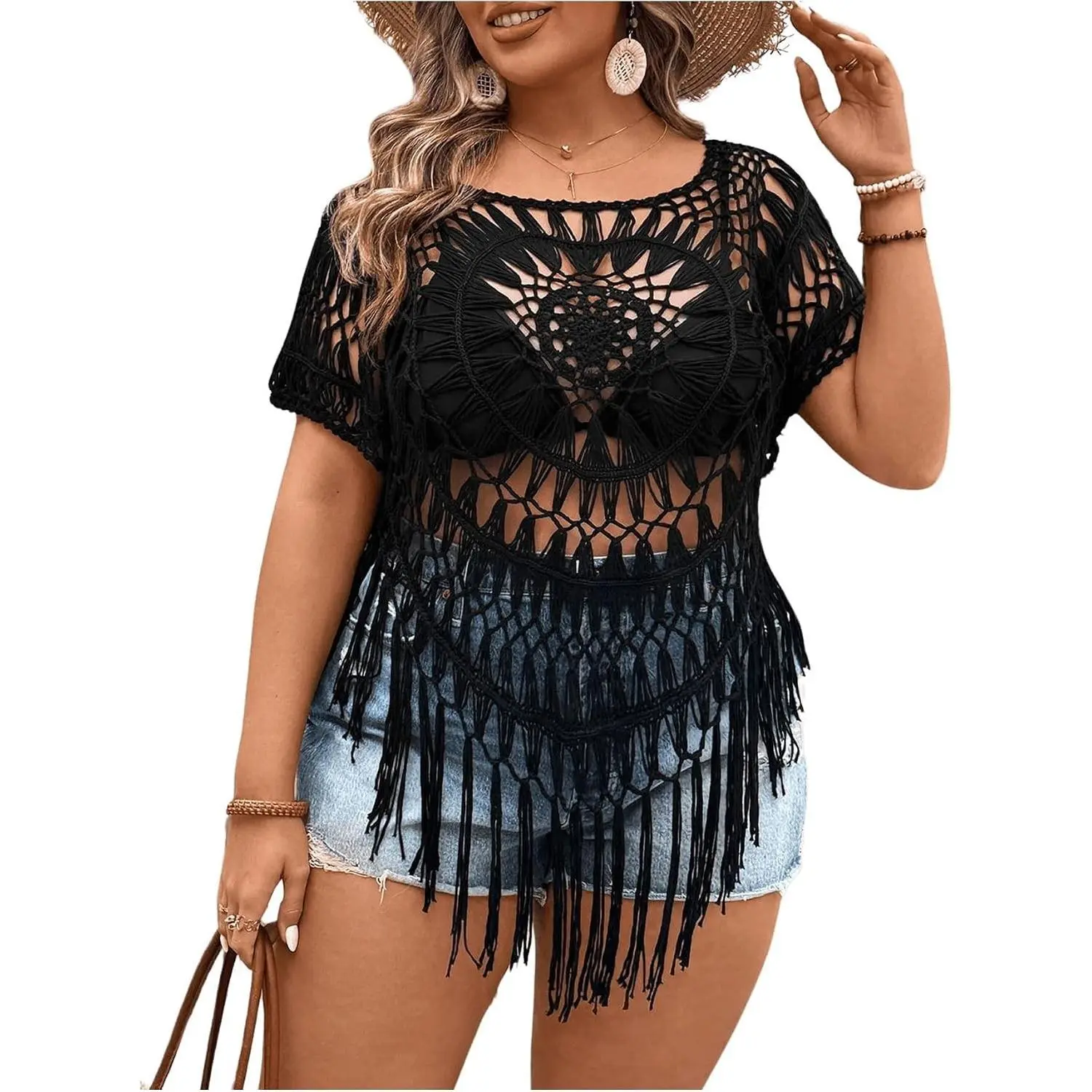 Women's Plus Size Hollow Out Fringe Hem T Shirts Short Sleeve Knitted Crochet Tops