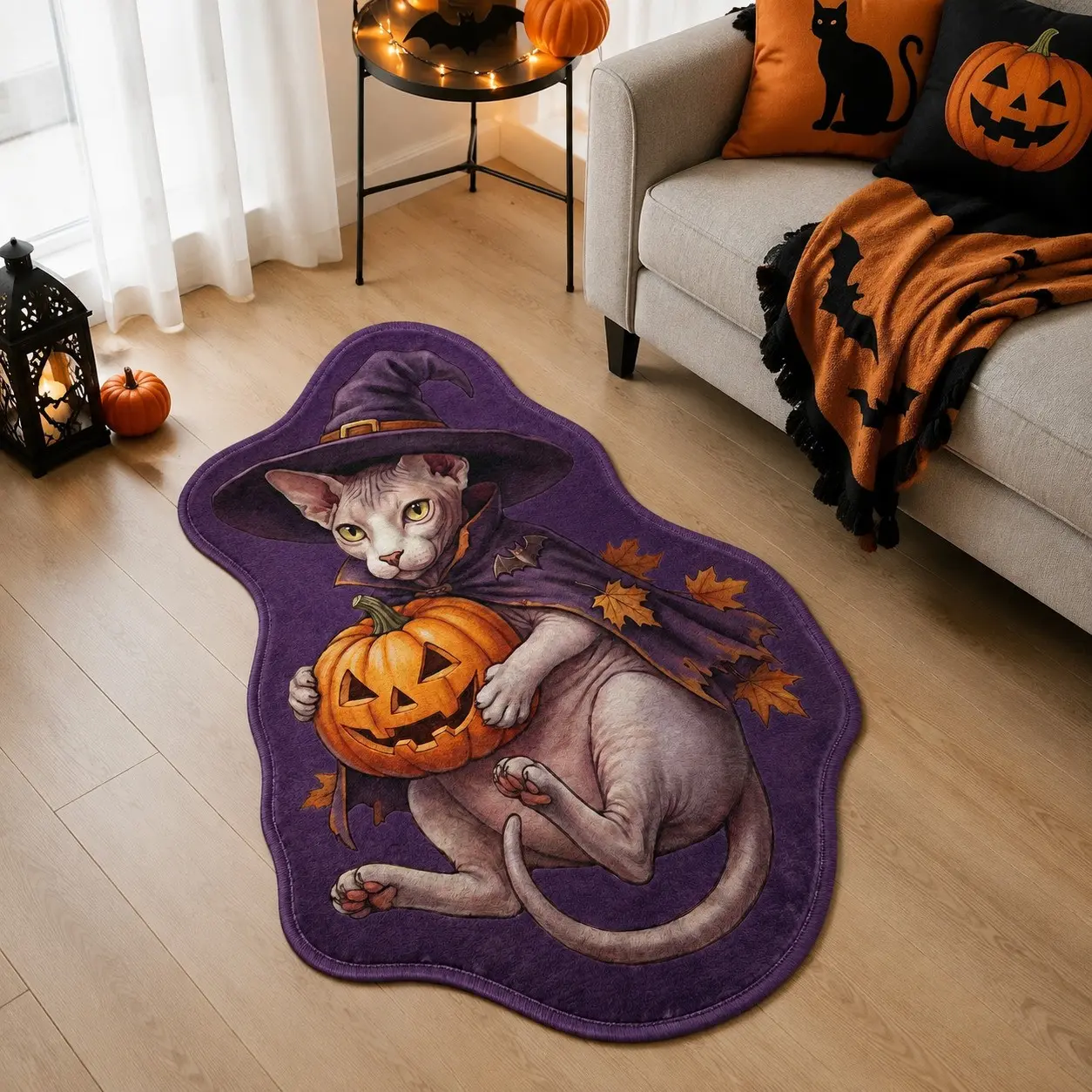Adorable Halloween Witch Hairless Cat Pumpkin Shaped Rug, Velvet Floor Mat Welcome Rug, Unique Gothic Holiday Gift for Bedroom Living Room Autumn Home Decoration