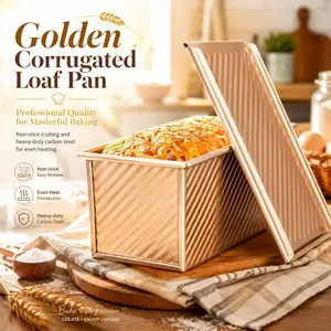 Corrugated Non-Stick Carbon Steel Loaf Pan with Lid, Golden Metal Bread Mold for Homemade Oven Toast