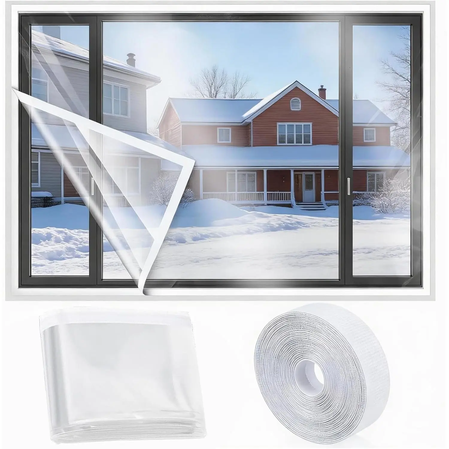 47 x 63 Inch Window Flim Insulation Kit for Winter, Clear Transparent Window Plastic for Winterizing, Cold Proof Insulated Cover, Waterproof Reusable Thermal Film with Adhesive Hook Tape