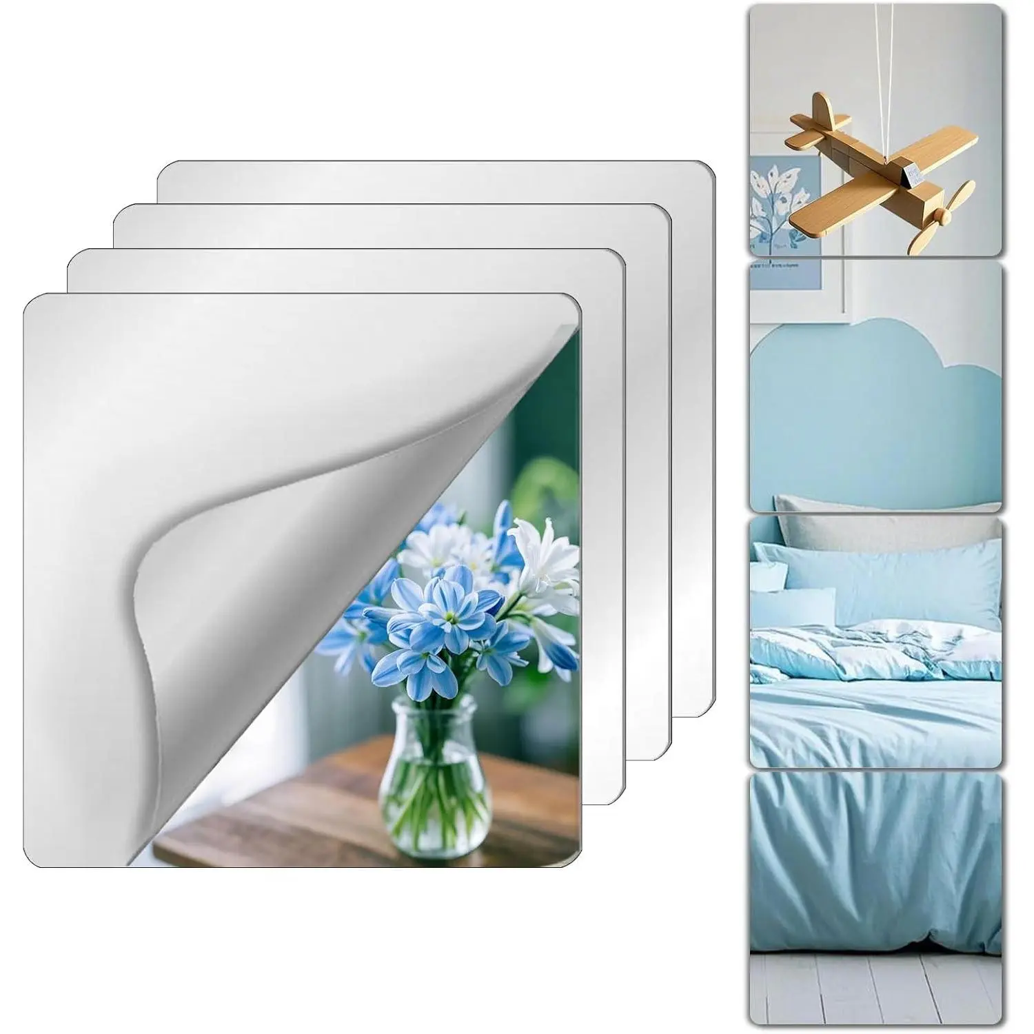 Unbreakable 4PCS 10"x10" Peel and Stick Mirror Tiles, Frameless Plastic Adhesive Wall Mirrors Decorative for Kids Bedroom, Classroom, Gym, Door StickersGift