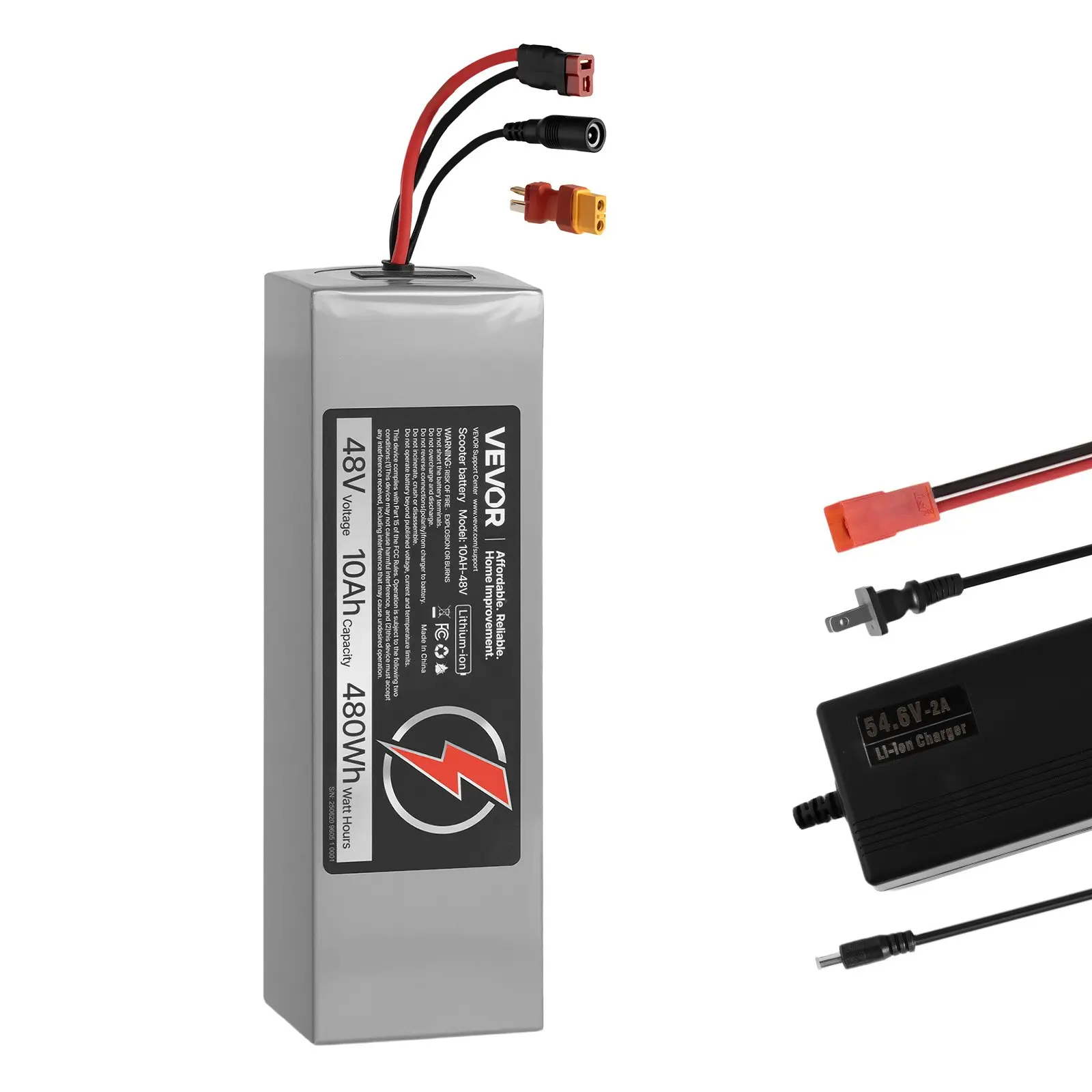VEVOR 48V-10Ah Lithium Pack, High Cycle Life Ebike Battery with 30A BMS, Charger, T-Plug Expansion Cable, Compatible Fit for 2400W Motors, Ebike Scooters