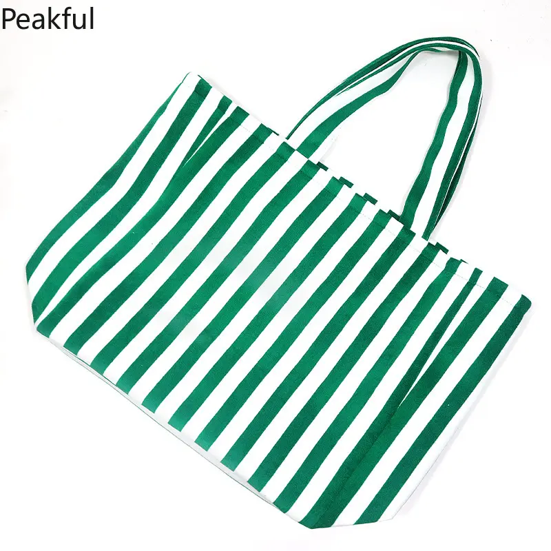 Reusable shopping bags | Hot selling green-white striped canvas tote bag | Hard-to-find eco-friendly large capacity shoulder bag | Washable material, spacious design, great for library visits, picnics and carrying daily essentials