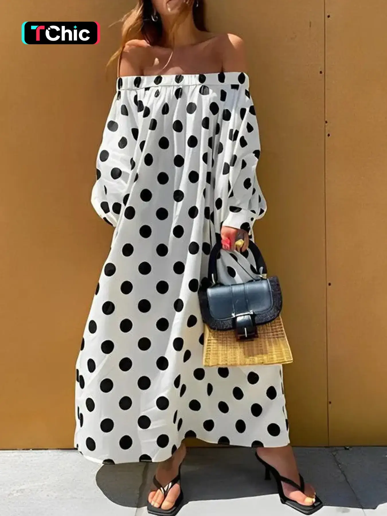 Women's Polka Dot Woven Maxi Dress, Off-the-Shoulder Elastic Neckline, Balloon Long Sleeve, Loose Ankle-Length Skirt, Vacation Street Daily Wear, Bohemian Boho Casual, Boho Chic