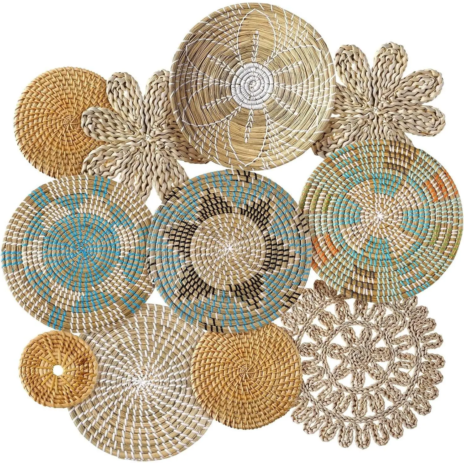 11 Pcs Boho Hanging Wall Basket Decor Handmade Woven Basket Wall Decorative Boho Wicker Baskets Placemats Round Farmhouse Bulrush Art for Rustic Home Decorations Christmas Gift(Bright)