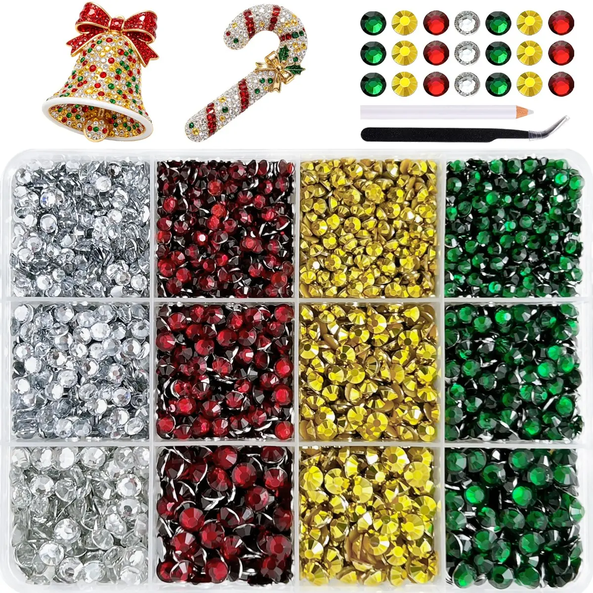 12 Grids Christmas Flatback Rhinestone Kit, multicolored/Clear Multi-Size Crystal Rhinestones, With Wax Picker Pen & Tweezers, For Christmas Bell Candy Cane Brooch DIY, Holiday Nail Art, Tumbler Bling, Phone Case, Holiday Ornament Crafts。Gifts for Women