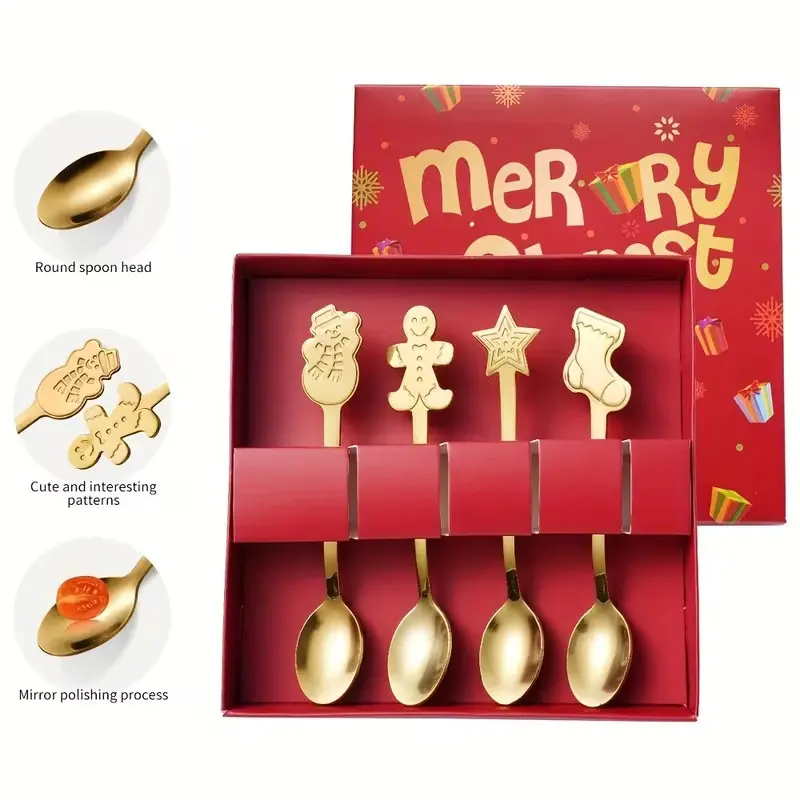 Christmas Cutlery Set, 4pcs Stainless Steel Spoons, Coffee Stirrer, Dessert Spoon, Dishwasher Safe, Gift Box Included, Perfect for Holidays