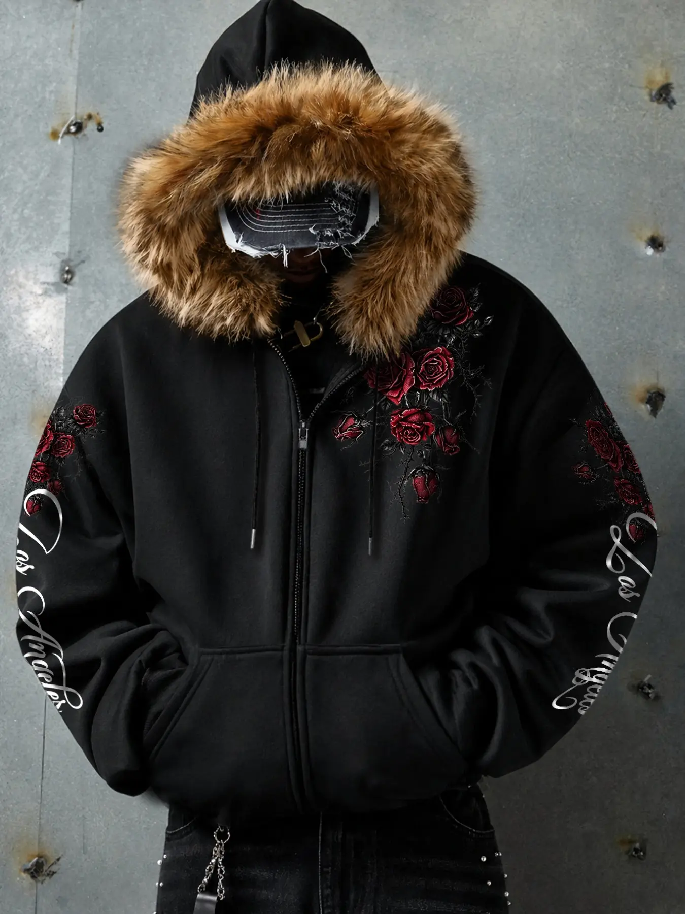 Men's Fall Winter Faux Fur Hooded Zipper Sweatshirt, Detachable Faux Fur, Gothic Dark Rose Print, Casual Street Style Outerwear Coats Jackets