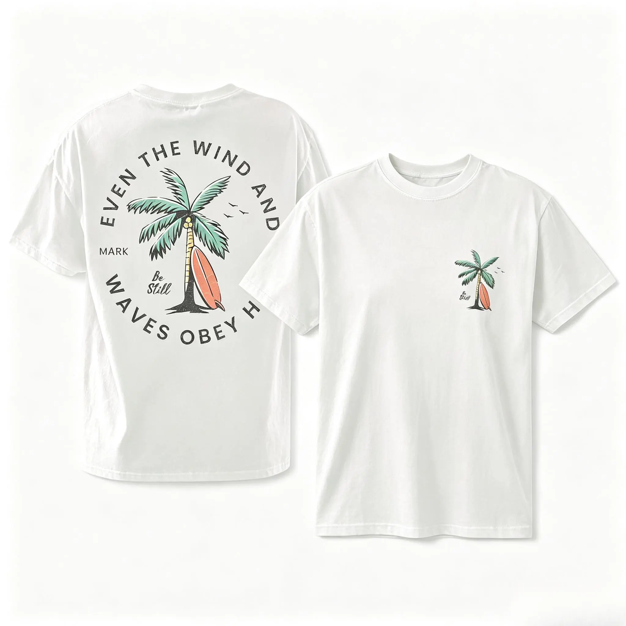 Christian Bible Verse Pattern T Shirt, Beachy Backprint Tops, Trendy Coconut Tree Shirt Unisex Tee Teen Baptism Gift Ocean Inspired Style Womenswear Printed