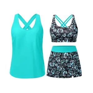 Daci Womens Three Piece Tankini Swimsuits with Skirt - Tummy Control Bathing Suit Swim Tank Top Sport Bra Athletic Swimwear