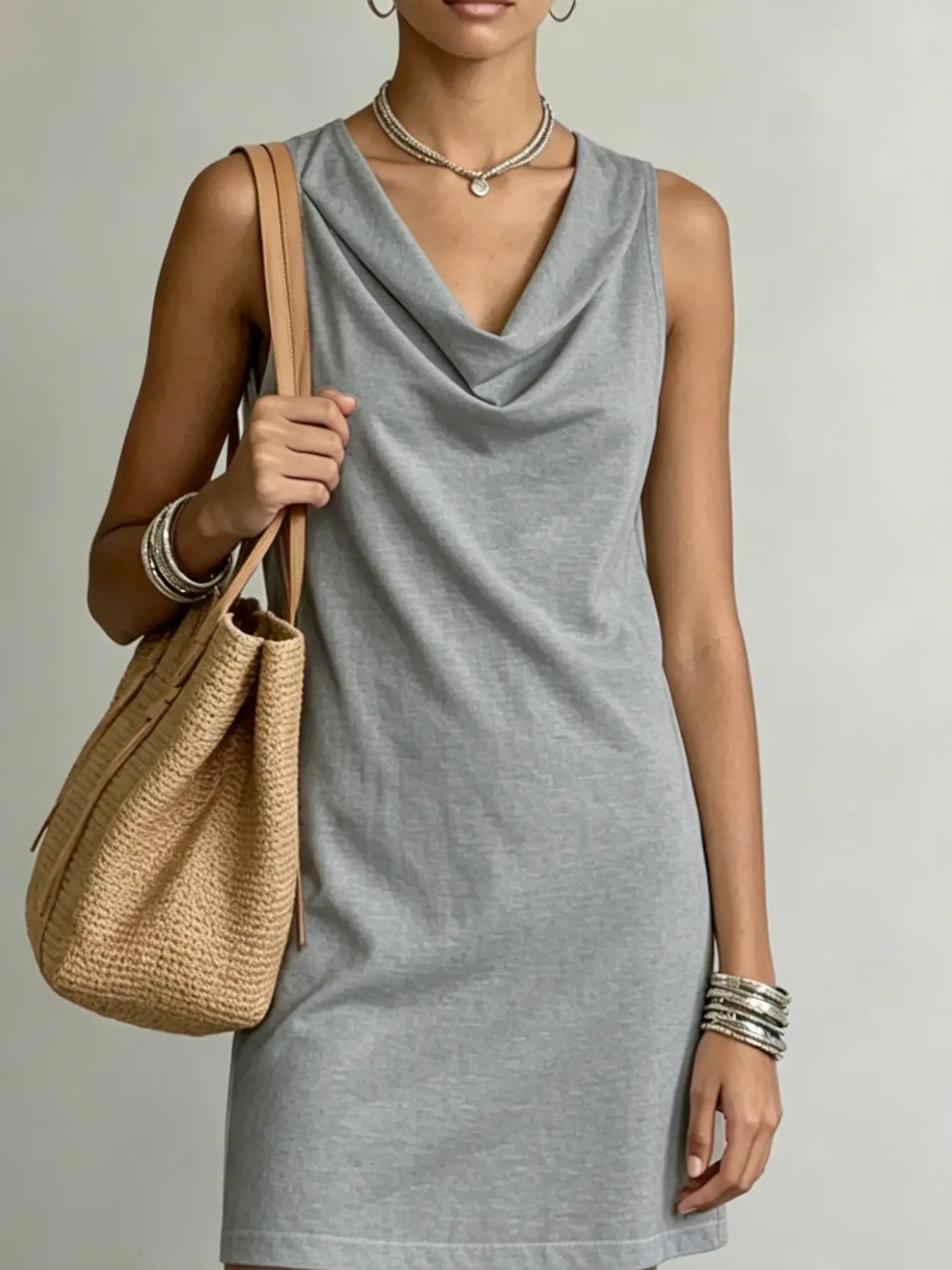 1pc Women Loose Straight Dress, Sleeveless Classic Cowl Neck Casual Dress, Figure-Flattering & Comfortable Daily Wear, Brunch Dress