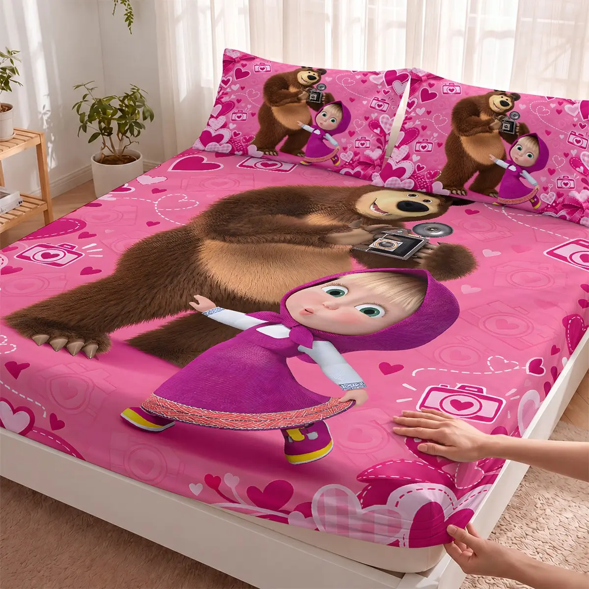 3-Piece Masha and the Bear Themed Bedding Set with Pink Heart Prints (includes 1 fitted sheet and 2 pillowcases; comforter and pillow inserts not included) — perfect for home or dorm decor, and an excellent gift for the holidays.
