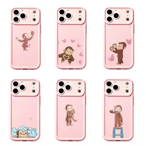 Cute Pink Curious George Cartoon Monkey Smartphone Case, Sweet Heart Floral Bath Time Print Shockproof Cover, Handheld Cellphone Accessories for iPhone 17 Pro Max 16 15 14 13 12 11 & Samsung S22-S25, Lovely Gift for Her
