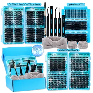 1342 Pcs / 608 Pcs Lash Clusters Set, D-Curl 11 Styles Mix 10–18 mm Spikes / Wispy / Mega Volume Lashes, Eyelash Eyelashes, Eyelash Extensions with Bond & Seal Glue, Lash Remover, Lash Brush, Lash Applicator, Headband & Wristband, Eyelash Bonding Tools