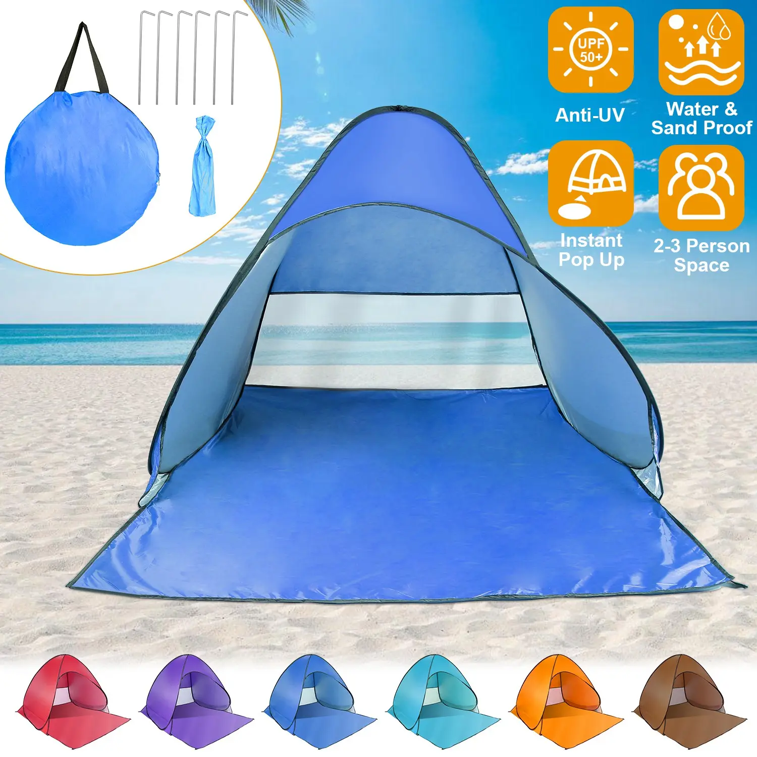 Pop Up Beach Tent Sun Shade Shelter Anti-UV Automatic Waterproof Tent Canopy for 2/3 Man w/ Net Window Storage Bag for Outdoor Beach Camping Fishing Park Lake