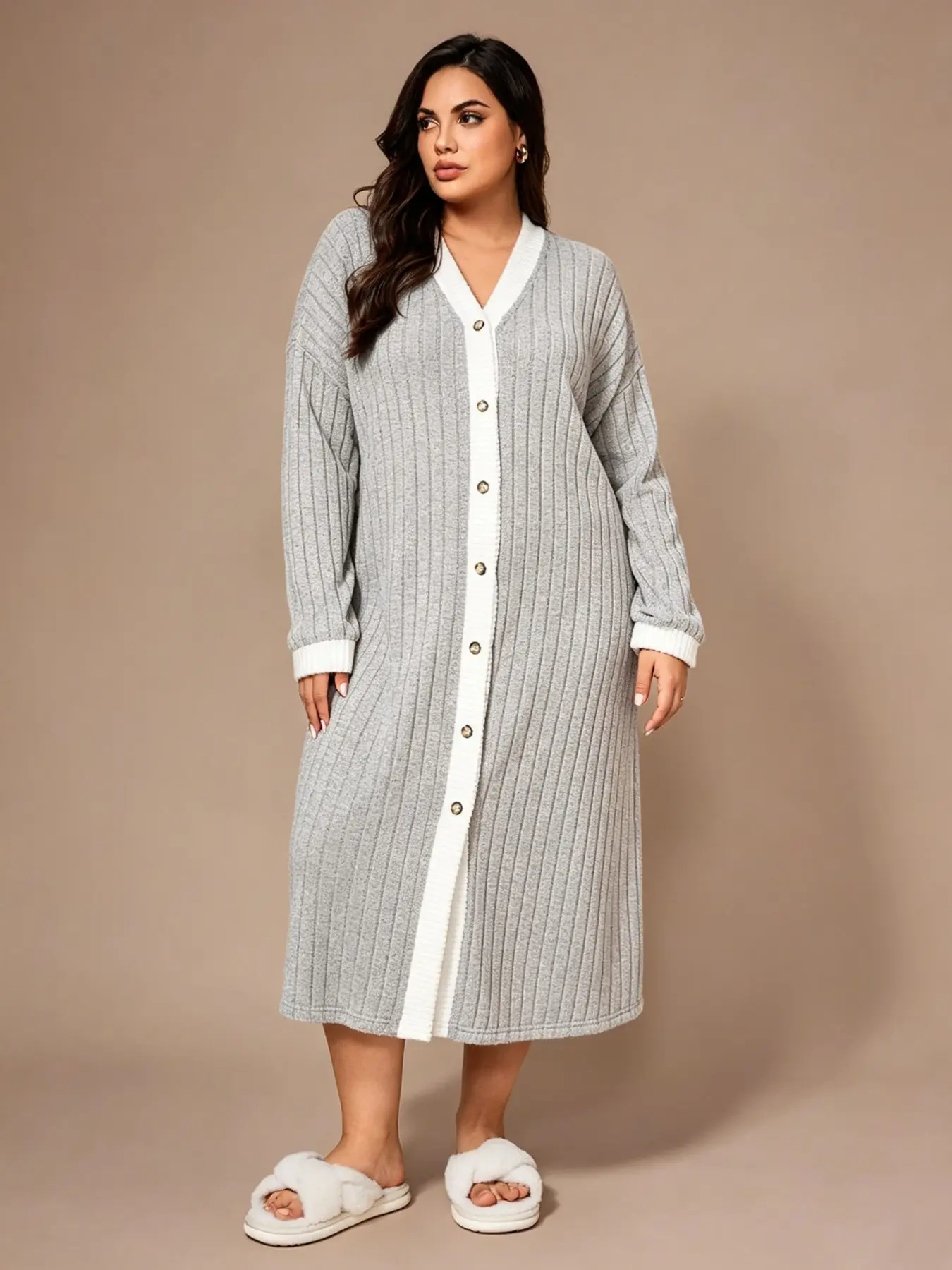 Plus Size Women Button Front Long Sleeve Ribbed Sleep Robe, V-Neck Knitted Long Sleepwear, Ideal for Home Use, Comfortable and Cozy