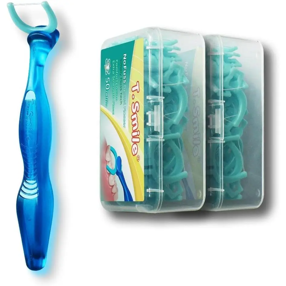 Dental Flosser Kit with 5-inch Long Handle and Refill Heads, Extra-Strength Floss for Comfortable Clean, Fluoride Free, 1 Blue Handle + 100 Extra-Strength Floss Refills