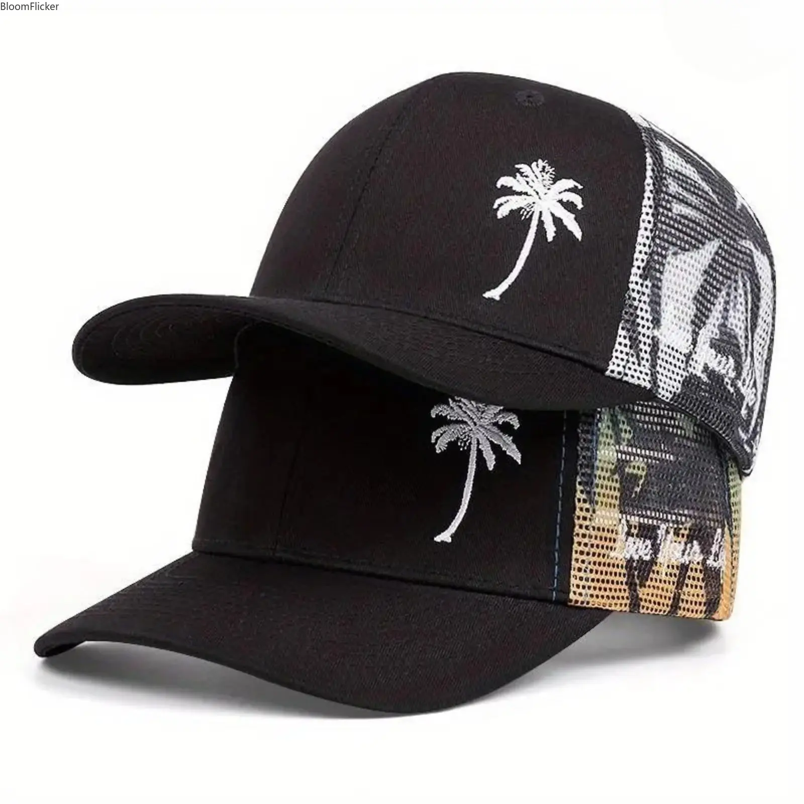 Unisex Coconut Embroidered Mesh Trucker Hat, Adjustable Breathable Cooling Flat Brim Cotton Cap, Tropical Beachy Summer Outdoor Accessory for Men & Women Daily Vacation Matching