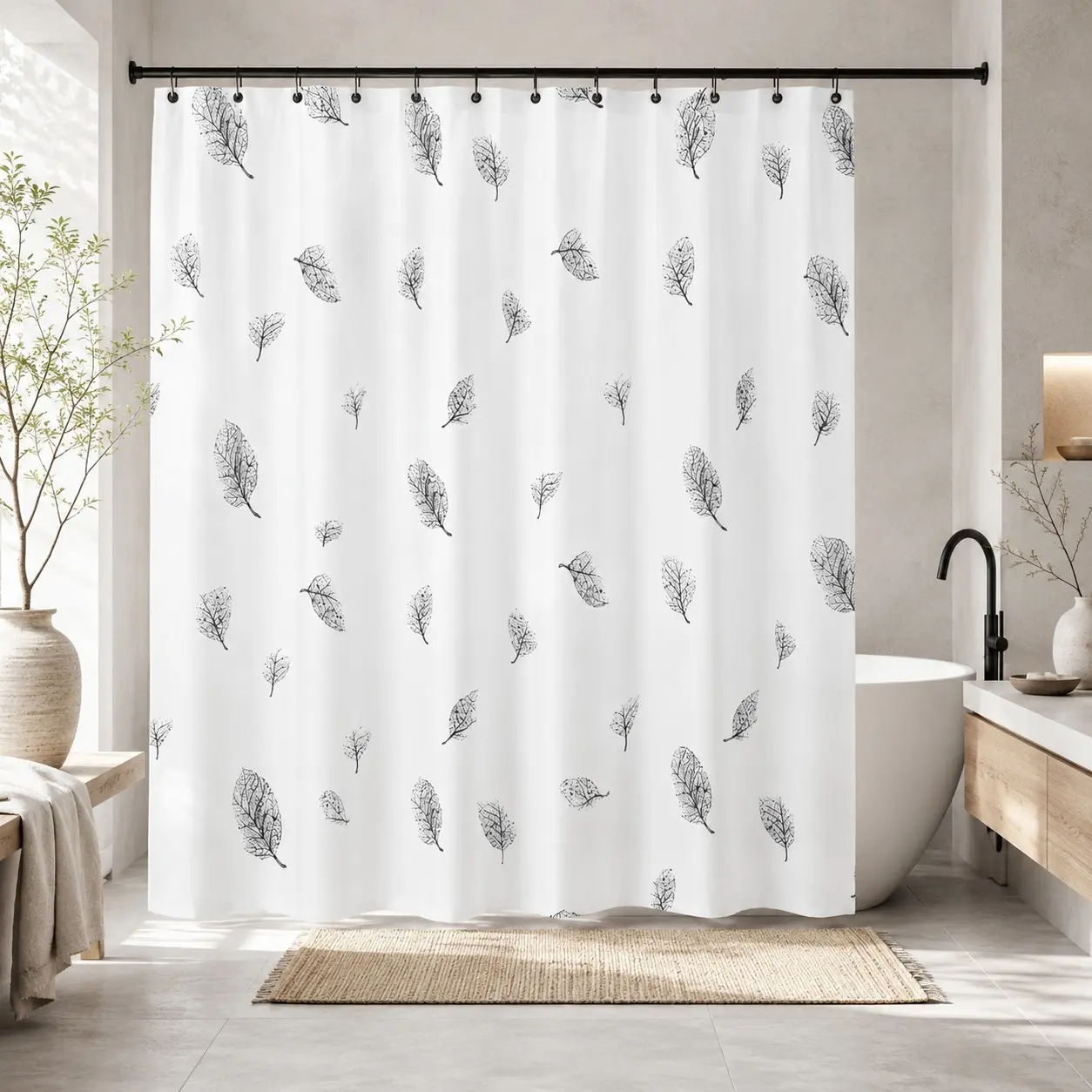 1 Pack Sketch Black Leaf Pattern Shower Curtain, Minimalist White Background Single-Side Printed Bathroom Curtain, Waterproof Soft Fabric Bath Curtain with Hooks Included, Suitable for All People’s Bathroom & Shower Room
