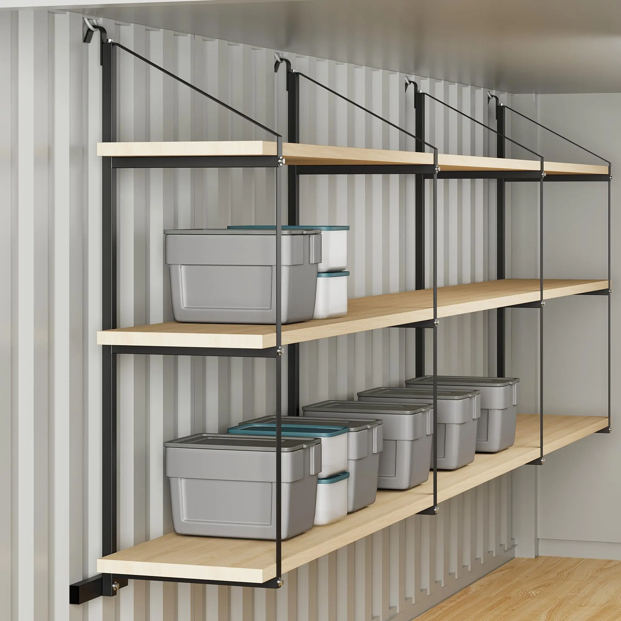 Shipping Container Shelving Brackets, 6-Pack 3-Tier Heavy-Duty Steel Shelf Bracket System - D-Ring Hang & Hook - 22 in D x 60 in H - 1100 lb Capacity - Removable Storage Rack
