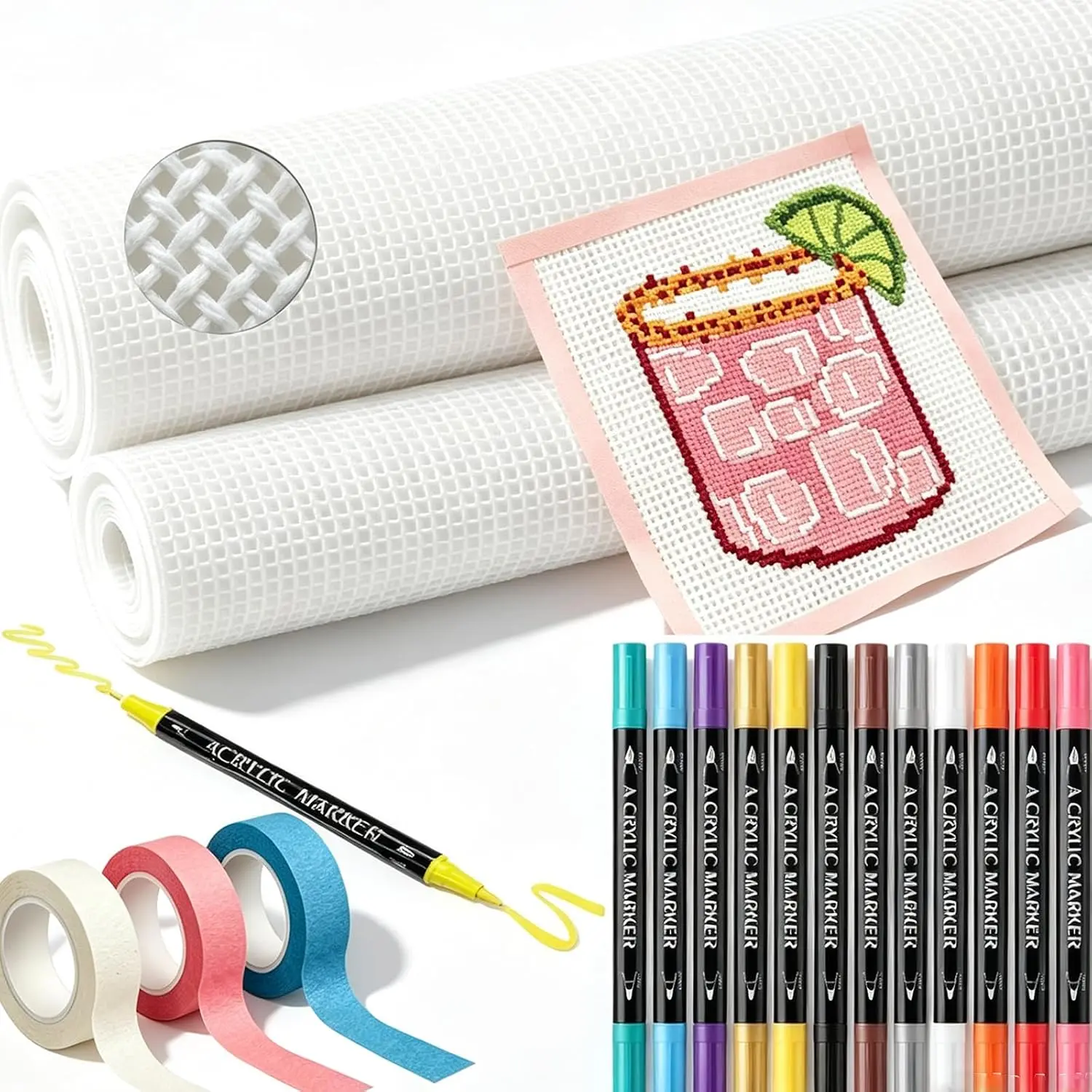 17 count Needlepoint Canvas 18 Mesh Kit with 2 count 20''x18'' Blank Canvas 3 Rolls Colored Masking Tape 12 Colors  Tip Marker for   and Needlepoint Projects