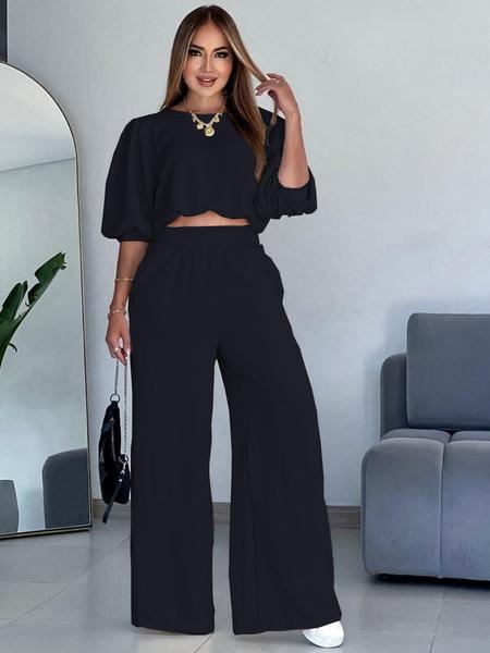 Women's Fashion Outfit, Half-Sleeve Top & Wide-Leg Pants, Casual Style for All Seasons, Women's Clothing Collection Women's Fashion Outfit, Half-Sleeve Top & Wide-Leg Pants, Casual Style for All Seasons, Women's Clothing Collection