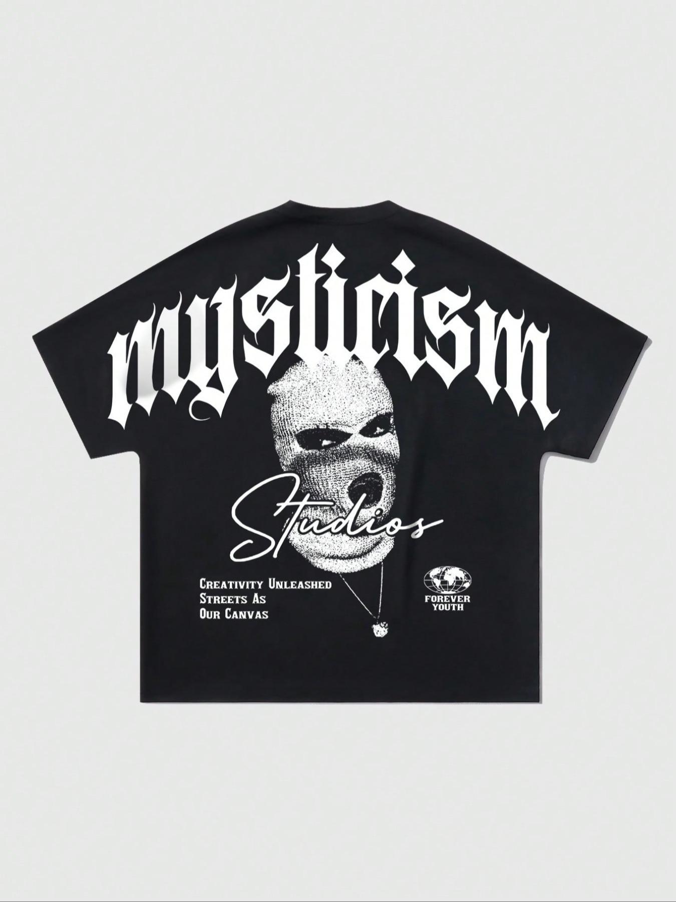 Men's Mysticism Letter & Figure Print Drop Shoulder Graphic Tee, Regular Fit Casual Streetwear Looks Fashion Soft Comfy Half Sleeve Round Neck T-shirt for Summer, Menswear for Daily Wear