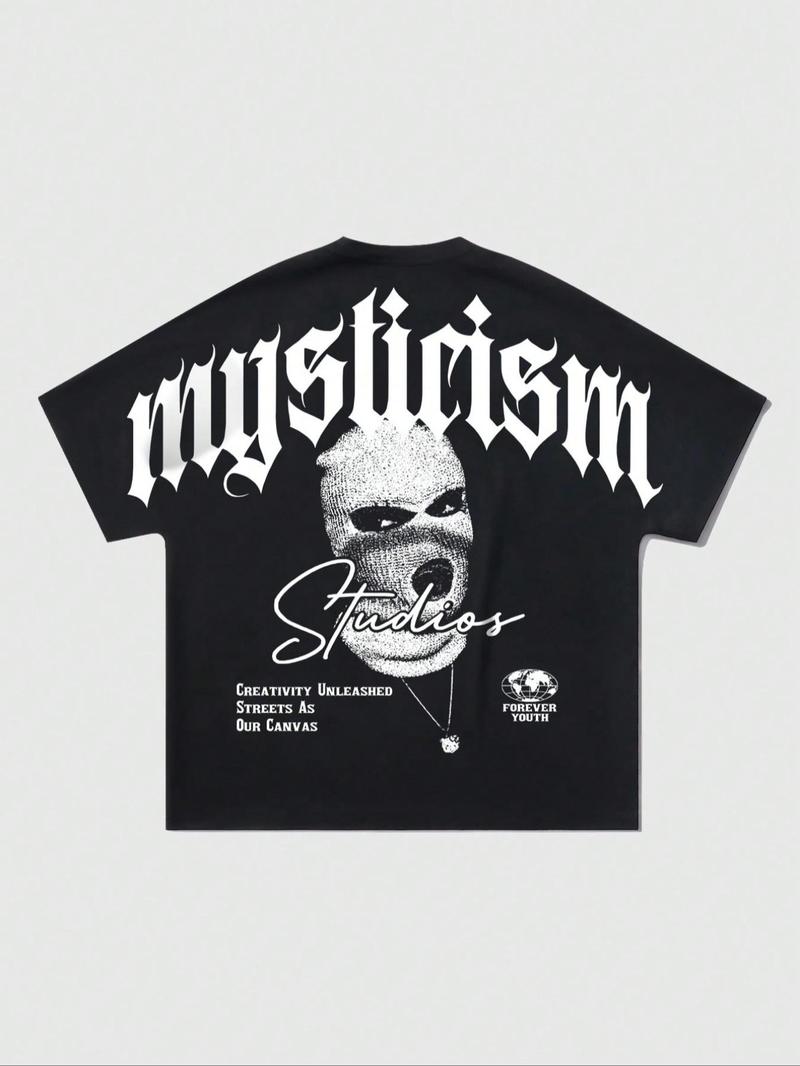 Men's Mysticism Letter & Figure Print Drop Shoulder Graphic Tee, Regular Fit Casual Fashion Soft Comfy Half Sleeve Round Neck T-shirt for Summer, Menswear for Daily Wear