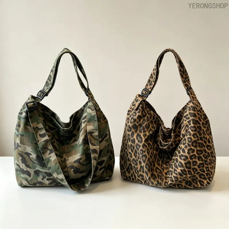 Camouflage Canvas Large Bag, Leopard Print Crossbody Shoulder Bag, Fashion Vintage Unisex Bag for Commuting, Shopping, School, Work