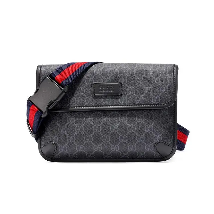 Gucci GG Monogram Canvas and Leather Crossbody Bag for Men, Striped Webbing Design, Black