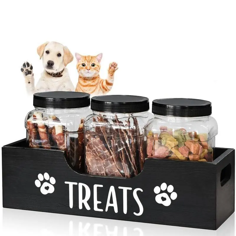 Wooden Pet Food Storage Box with 3 Clear Jars, Decorative Farmhouse Organizer for Dog Cat Snacks, Stylish Kitchen Accessory