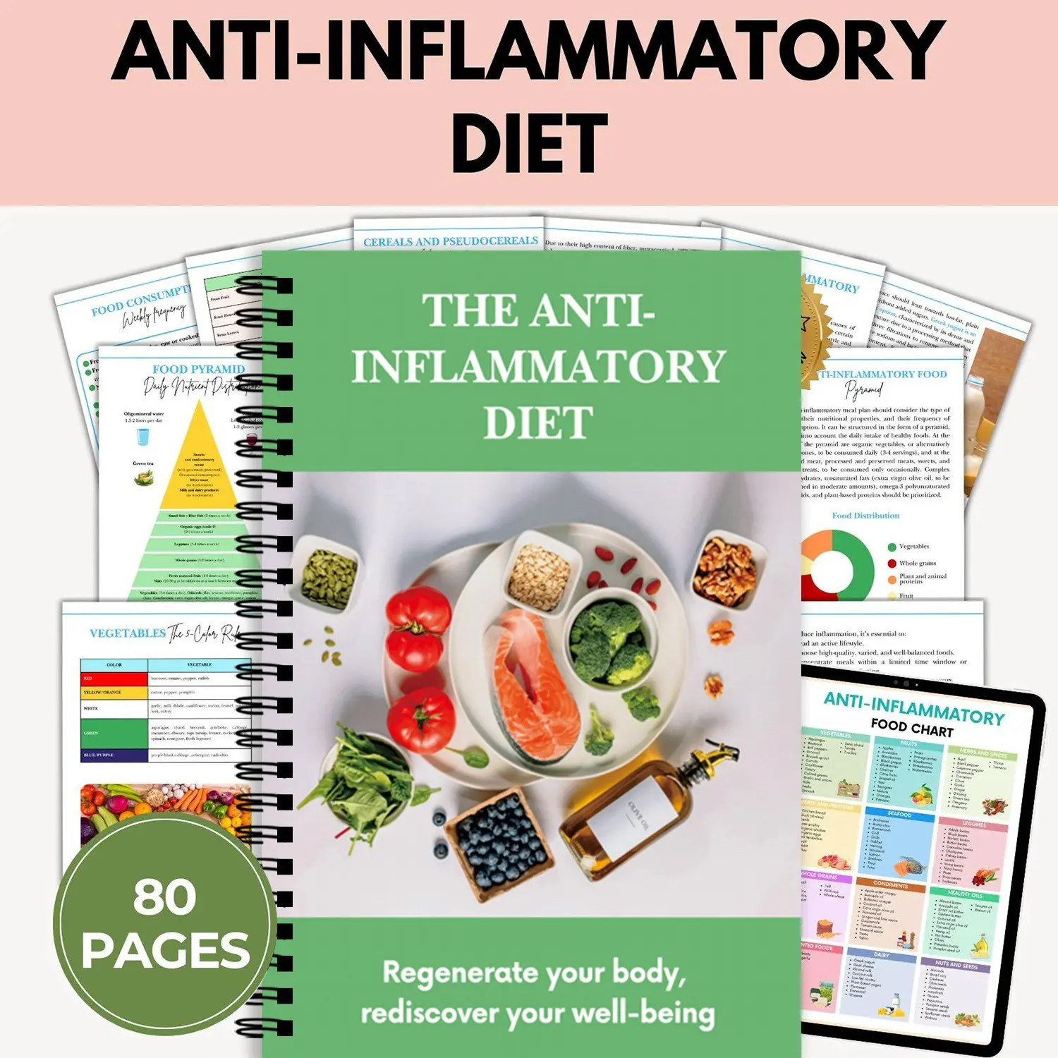 Anti-Inflammatory Diet Planner Notebook, Fresh Food Photography, Simple Style, Dual Ring Binding, Ideal for Health Management