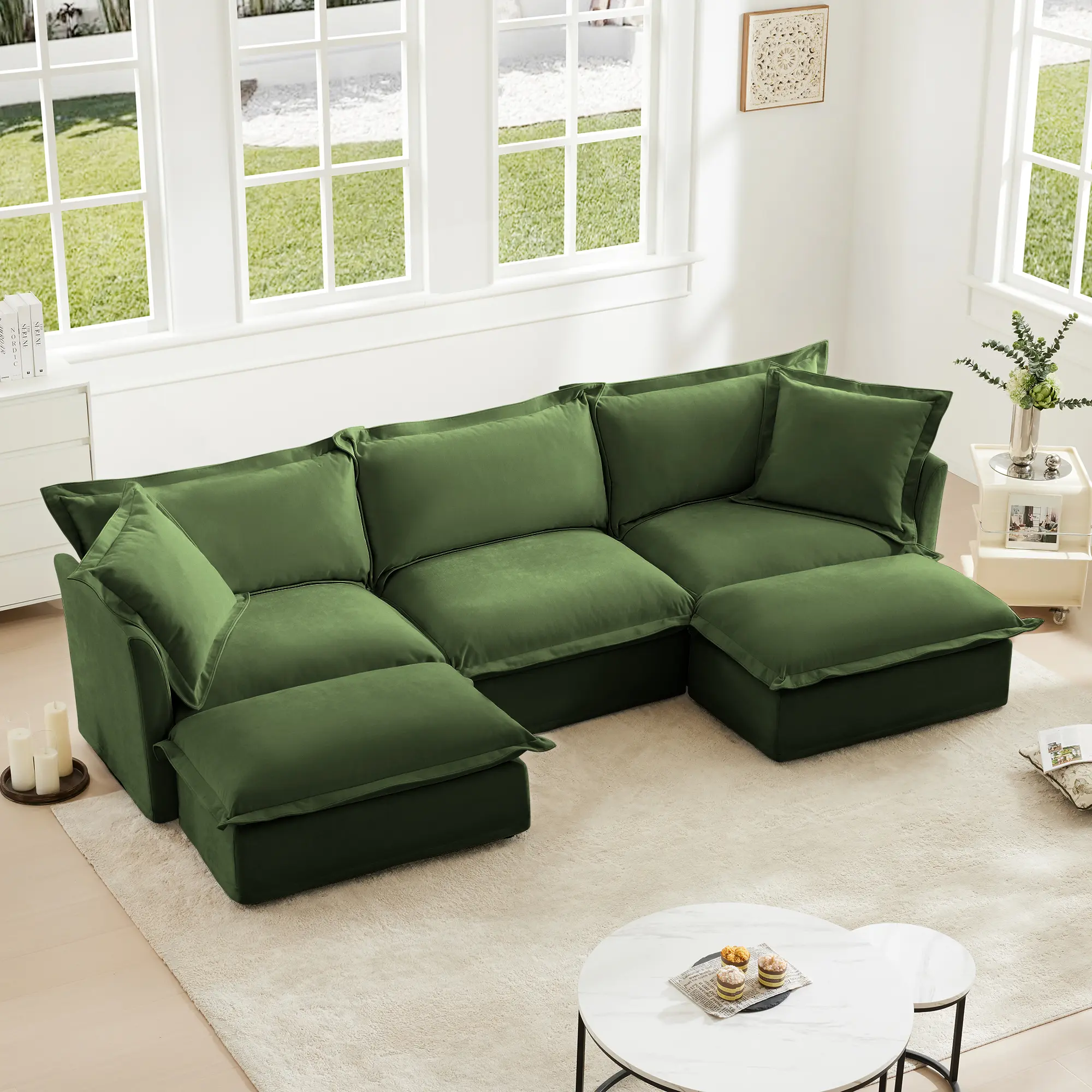 ARCH Slipcovered U Shape Sectional Deep Seat Sofa Couch 3 Seater with French Edges Design Multiple Big Pillows Modular Comfy Cloud Chenille Sofa for Living Room Apartment Family Room, Living Room Furniture for Apartment, Lounge, Family Room