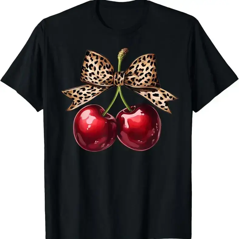 Loose Fit Graphic T-Shirt, Leopard Bow Cherry Fruit Vintage Printed Craft Tee, Soft Breathable Short Sleeve Top, Y2K Coquette Aesthetic Outfit For Men Women, Retro Cute Fruit Graphic Shirt For summervibes