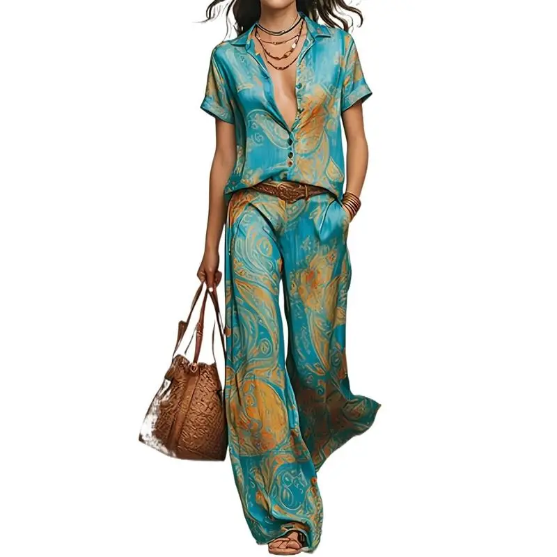 Women's Set: Vacation Chic Geometric Blouse with Pocket Straight Pants, No Belt Included, Perfect for Leisure Wear