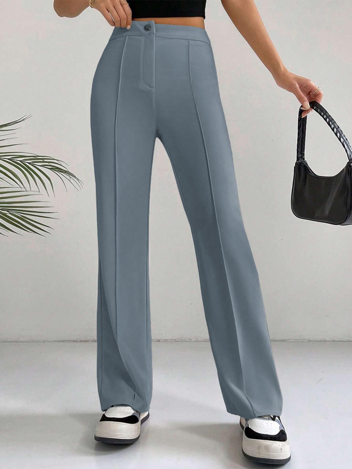Women's Plain High-Waist Straight-Leg Pants, Casual Lounge Pants, Comfy Zipper Trousers for Daily Wear, Ladies Button Bottoms for All Seasons